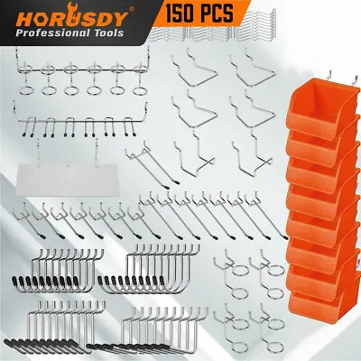 $31.99 • Buy 150Pc Pegboard Hook Set Tool Holder Hanger Assortment Part Storage Organiser Bin