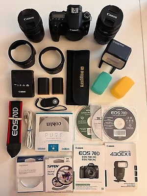 Canon EOS 70D 20.2MP Digital SLR Camera With 2 Lenses Flash Filters & More • $1250