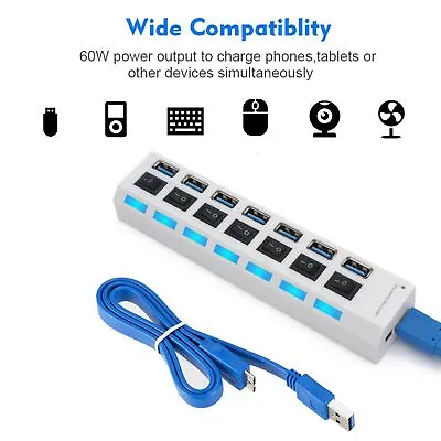 $12.47 • Buy 4/7 Ports USB 2.0 HUB Powered +High Speed Splitter Extender PC AC Cable Adapter
