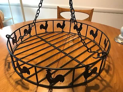 Vintage Round Black Iron Rooster Farmhouse Hanging Pot Rack Rack 20  Dia • $39.99