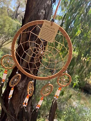 Dream Catcher Soft Brown Leather 16 Cm Web Natural Look 60 Cm Overall Drop • $16.99