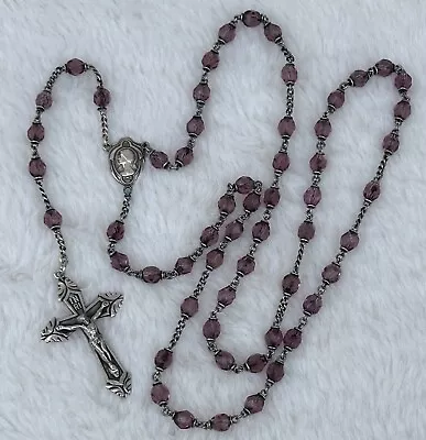 Vtg Sterling Silver Faceted Lavender Rosary Beads 32” Imperfect- FAIR Condition • $30