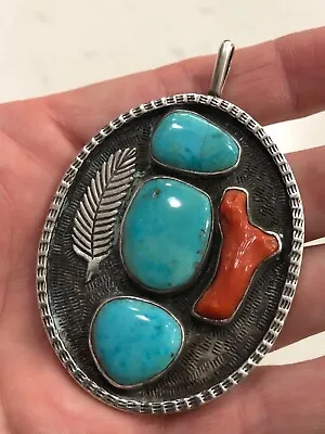 Old Pawn Sterling Turquoise Coral Unique Shadowbox Large Pendant 122423aCFZHF • $89.99