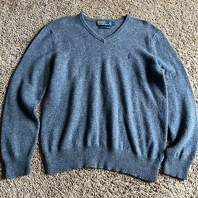 Polo Ralph Lauren Sweater Mens L Large Gray Navy Knit Lambs Wool V-Neck • $24.99