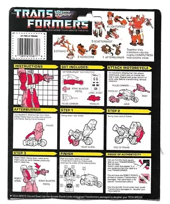 Transformers G1 1987 AFTERBURNER Card Back 100% Original Vintage Hasbro • $8.99