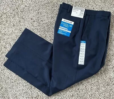 Haggar Cool 18 Pro Classic Fit Flat Front Blue Expandable Waist Pants Mens 40x29 • $19.99