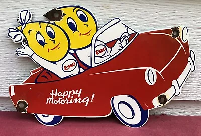 Vintage Esso 10” Porcelain Oil Drop Boy Girl Car Happy Motoring Gasoline Sign • $29.99