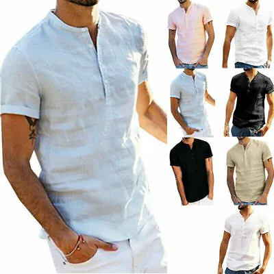 £12.49 • Buy Mens Henley Short Sleeve Shirt Summer Tops Casual Solid Loose Grandad T-Shirts