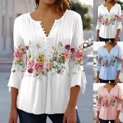 $4.99 • Buy Women's V Neck Floral Tunic Tops T-Shirt Ladies Long Sleeve Casual Loose Blouse~