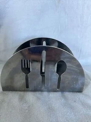 Vtg Well Equipped Kitchen Stainless Steel Napkin Holder Cut-Out Utensils 6x3.5x2 • $5.99