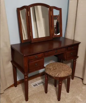 Cherry Wood 3 Pc Vanity Set Tri Mirror Table Stool Makeup Drawer Bedroom Desk • $369.89