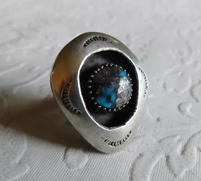 VINTAGE NAVAJO  STERLING SILVER & TURQUOISE SHADOW BOX RING SIZE 6.5 - 9.4g • $49