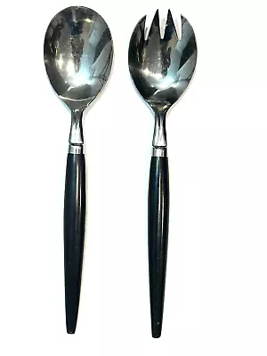 MCM Electra Stainless Flatware Black Handle Salad Serving Spoon & Fork Japan • $12.65