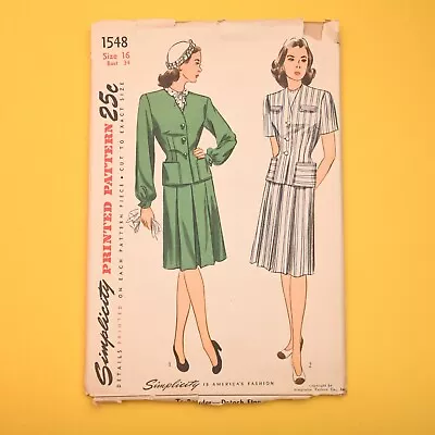 Vintage 1940s Simplicity Skirt Suit Sewing Pattern - 1548 - Bust 34 - UC FF • $45
