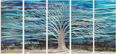 £174.86 • Buy 3D Blue Abstract Metal Wall Art With Bright Silver Tree For Living Room Large Mo