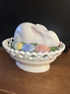 Westmoreland Milk Glass Bunny Rabbit On Nest With Colored Easter Eggs Candy Dish • $85