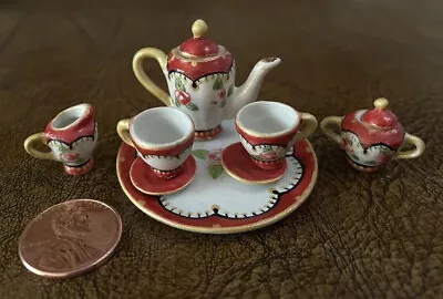 Vintage Dollhouse Miniature Victorian-Style Porcelain Tea Set: Red White Floral • $75