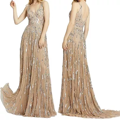 Mac Duggal 5172 Womens Size 4 Vneck Sequin Silver Nude Beaded Aline Dress • $298.50