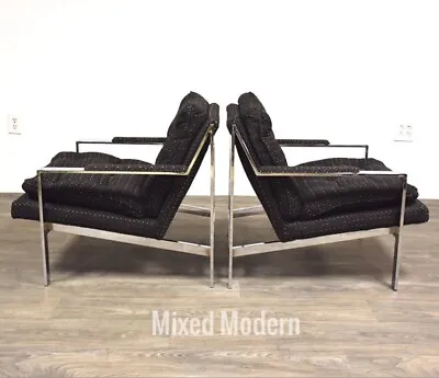 Pair Cy Mann Chrome Lounge Chairs Black Mid Century Modern Milo Baughman Style • $2500