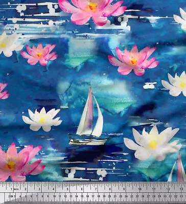 Soimoi Blue Cotton Poplin Fabric Yacht & Lotus Flower Print Sewing-zlL • $11.57