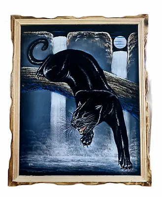 Black Panther hand Painted Waterfall   Velvet Painting18  By 22 W Frame • $48