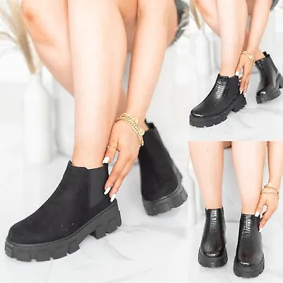 £9.99 • Buy Womens Chunky Platform Sole Ladies Flat Fashion Chelsea Slip On Ankle Boots Shoe