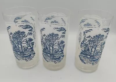 Set Of 3 Currier & Ives Blue & White Old Grist Mill Tumblers  12 Oz. Glasses • $14.99