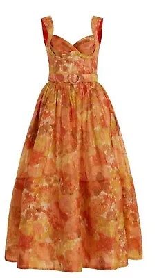 $493 • Buy  ZIMMERMANN Dress Size 0 OrangePicnic Floral-print Flared-hem Linen-silk Midi Dr