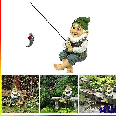 Garden Gnome Statue The Fishing Gnome Sitter Funny Lawn Gnome Statues Decoration • $18.50