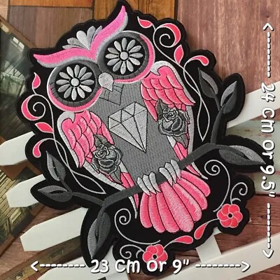 $16.50 • Buy Pink Owl Diamond Flower Art Iron On Embroidered Large Back Patch XL 