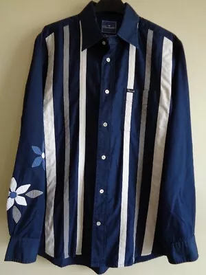 Faconnable Men's Navy Blue Cotton Shirt With Stripe And Flower Detail - Medium • £65