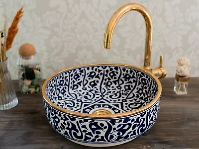 Ceramic Sink For Bathroom Brass Rim Countertop Sink Moroccan Handmade Sink Basin • $145