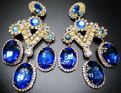 LAWRENCE VRBA Huge 4 1/2  Blue & Ice Rhinestone Chandelier Clip Earrings • $399.99