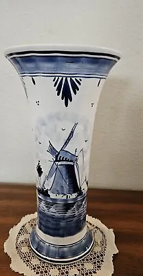 Vintage Delft Holland Windmill Blue & White Hand Painted Large Vase. 10.75 .  • $52.95