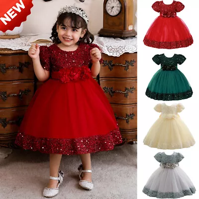 Kids Girls Baby Flower Bow Princess Sequins Dress Birthday Wedding Bridesmaid • £15