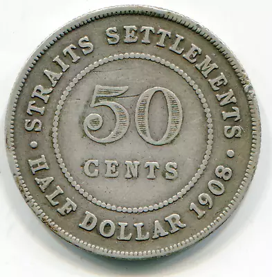 Straits Settlements 50 Cents 1908 KM-24 Nice Coin     Lotmar3539 • $47.50