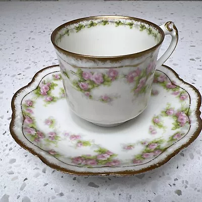 Antique Limoges A Lanternier  ROSE BUD SWAGS Cup & Saucer Porcelain Gold Rim • $65.99