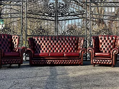 Vintage English Oxblood Red Leather Chesterfield Sofa And Club Chairs • $16850