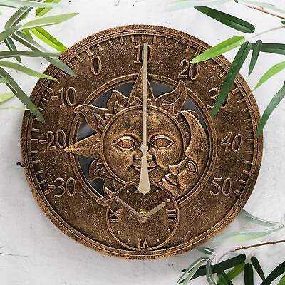 £29.95 • Buy Sun & Moon Gold Indoor / Outdoor  Resin Wall Thermometer & Clock Garden Decor