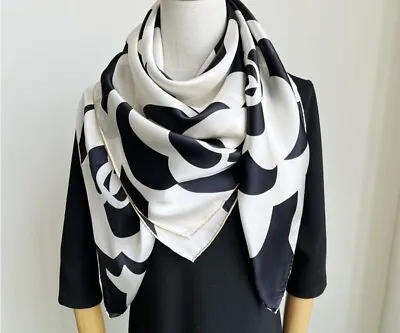 Camellia 41” Square Large 100% Mulberry Silk Scarf Black & White Floral Vintage • £33.56