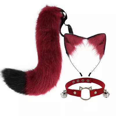 Simulation Cat Ears Tail Necklace Set Cosplay Prop Plush Fox Ear Hair Hoop Party • $27.40