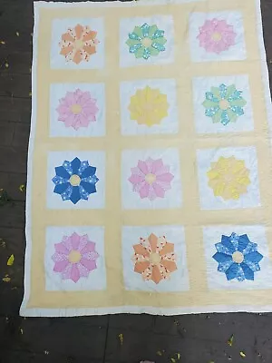 Vintage Queen Cutter Quilt Dresden Flower 60 X 78 Yellow Pink Green Blue Pastels • $125