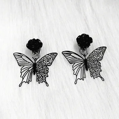 Black Rose Butterfly Earrings Gothic Pattern Hollow Moth Earrings Jewelry Gift • $2.55