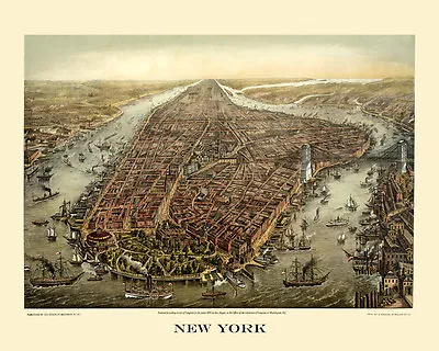 New York Manhattan Bird Eye View Map Travel Tourism 16X20 Vintage Poster Repro • $22.15