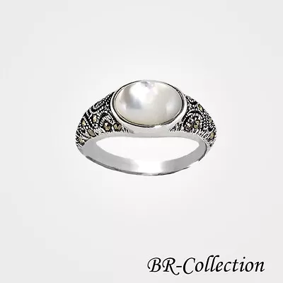 Beautiful Sterling Silver Ring With Mother Of Pearl And Swiss Marcasite • $27.95