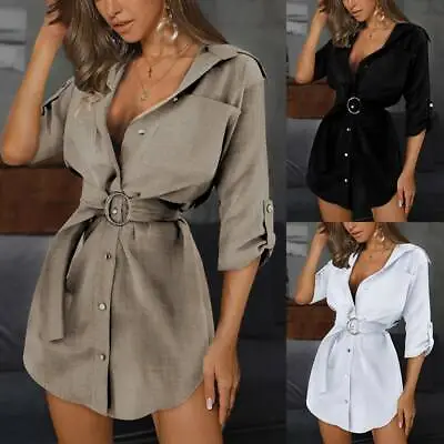 £3.99 • Buy Womens Button Down Shirt Dress Ladies OL Work Casual Mini Sundress Waist Belt