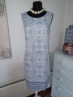 Laura Ashley  White & Blue Floral Linen Shift Dress -  Holiday Summer - UK 14 - • £8.63
