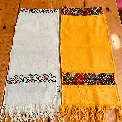Lot Of 2 Maya Mexican Chiapas Rectangle Embroidered Table Runner Scarf 11x50 In • $19.99