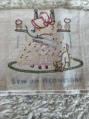 VINTAGE EMBROIDERED Sew On Wednesday  STRIPED KITCHEN Dish Towel Granny Core • $14.99