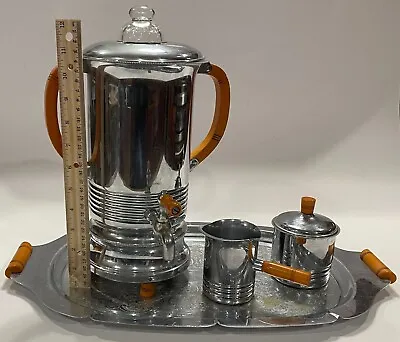 4 Pc Vintage Art Deco Farber Bros Krome Kraft Coffee Set +++ Bakelite Handles • $129